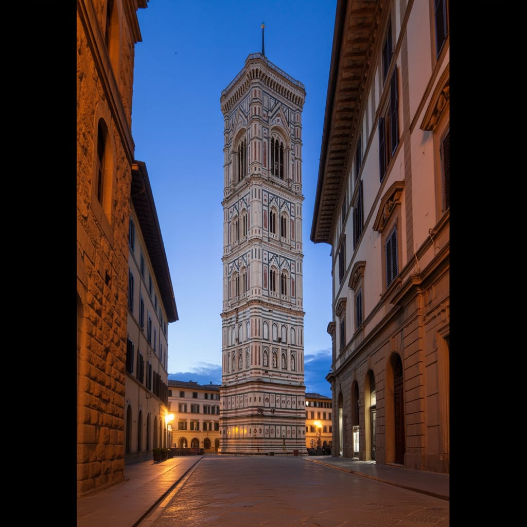 Giotto's Bell Tower in Florence against a deep blue sky