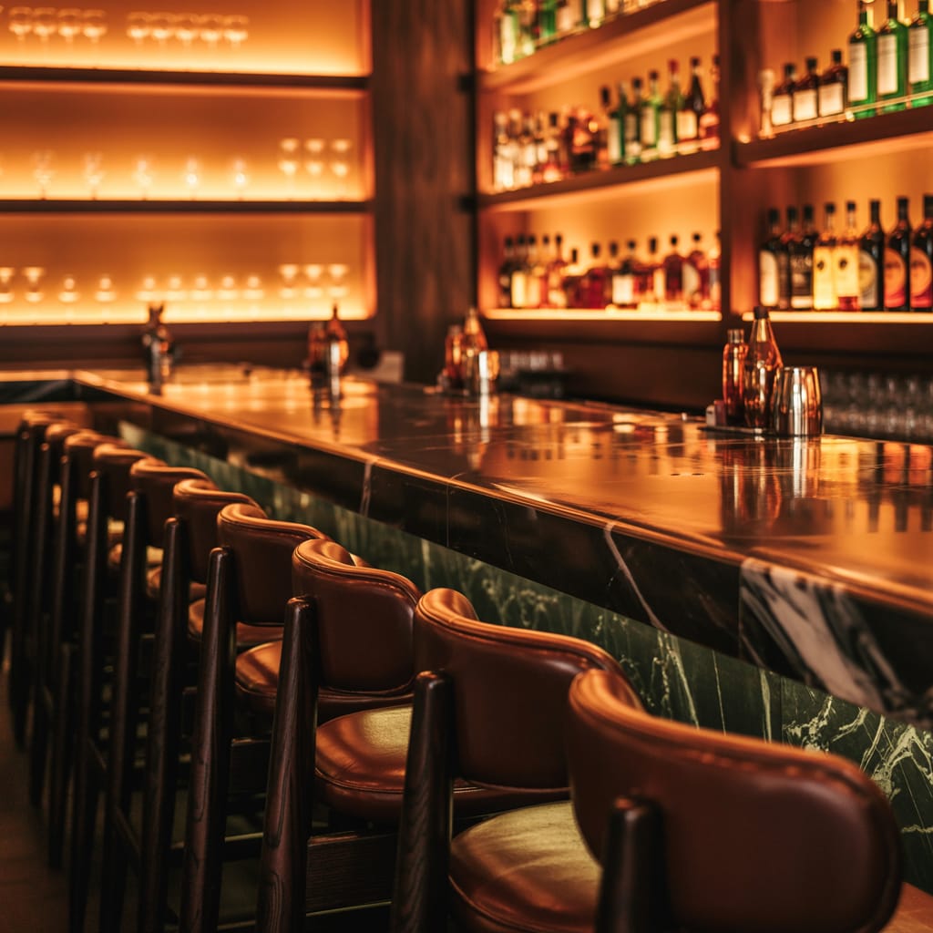 Intimate dark moody bar area with amber lighting and glowing bottles of spirits