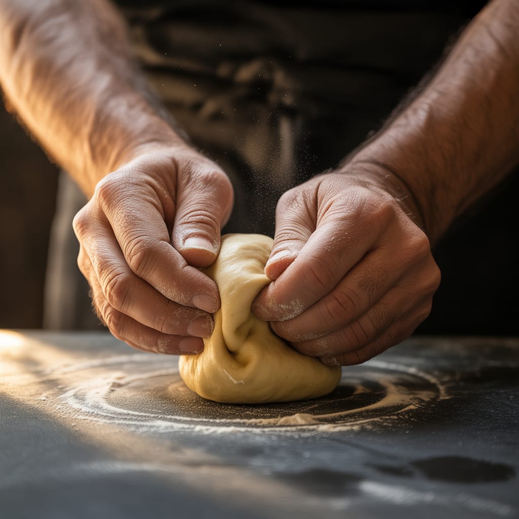 Hands kneading fresh pasta dough with flour