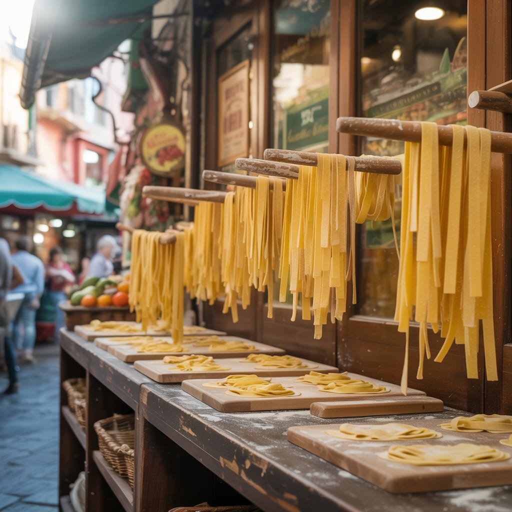 Fresh handmade pasta drying on a wooden rack in an Italian market