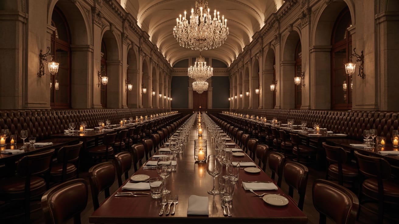 Wide shot of an expansive luxury restaurant dining room with architectural lighting and dark sophisticated decor