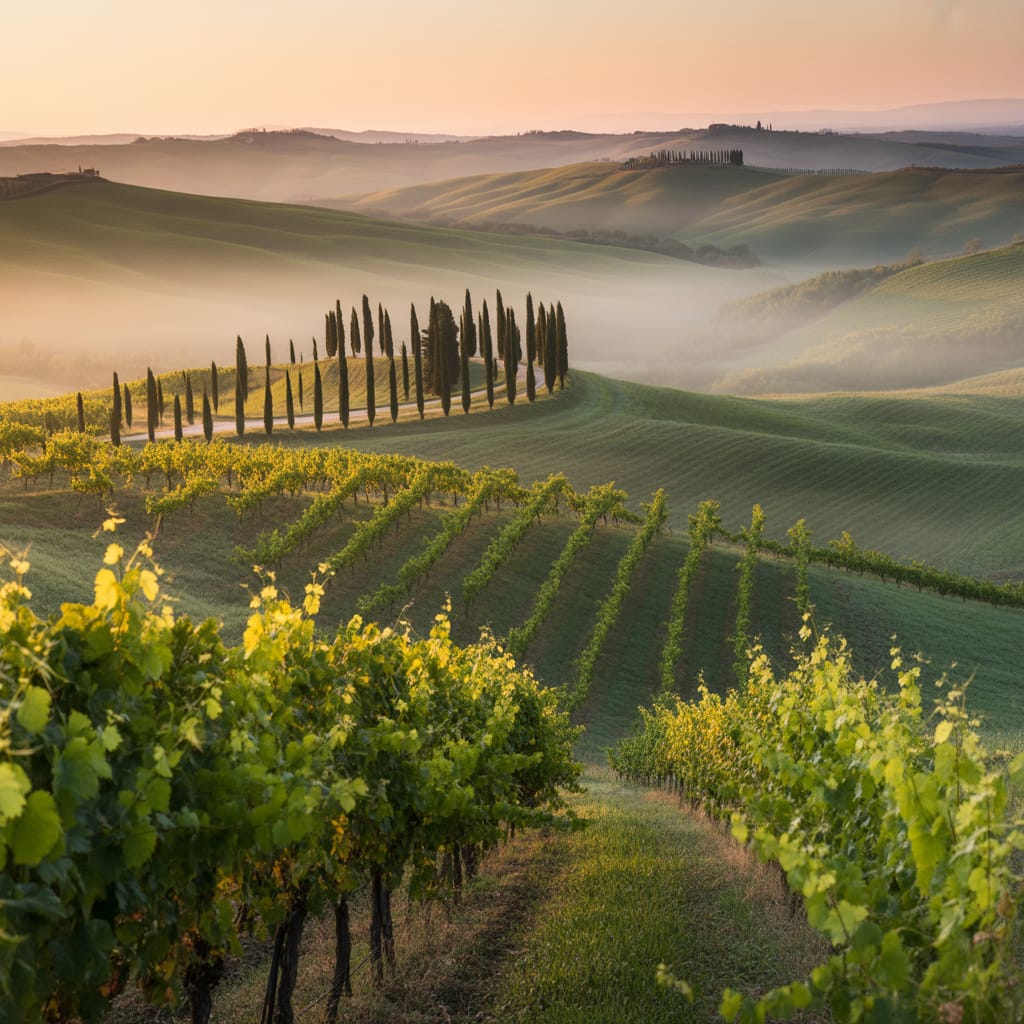 Rolling hills of a Tuscan vineyard with cypress trees at sunrise