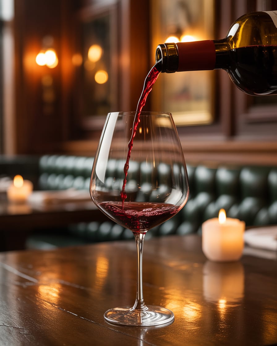 Close up of hand-poured red wine into a crystal glass in a candlelit dining room